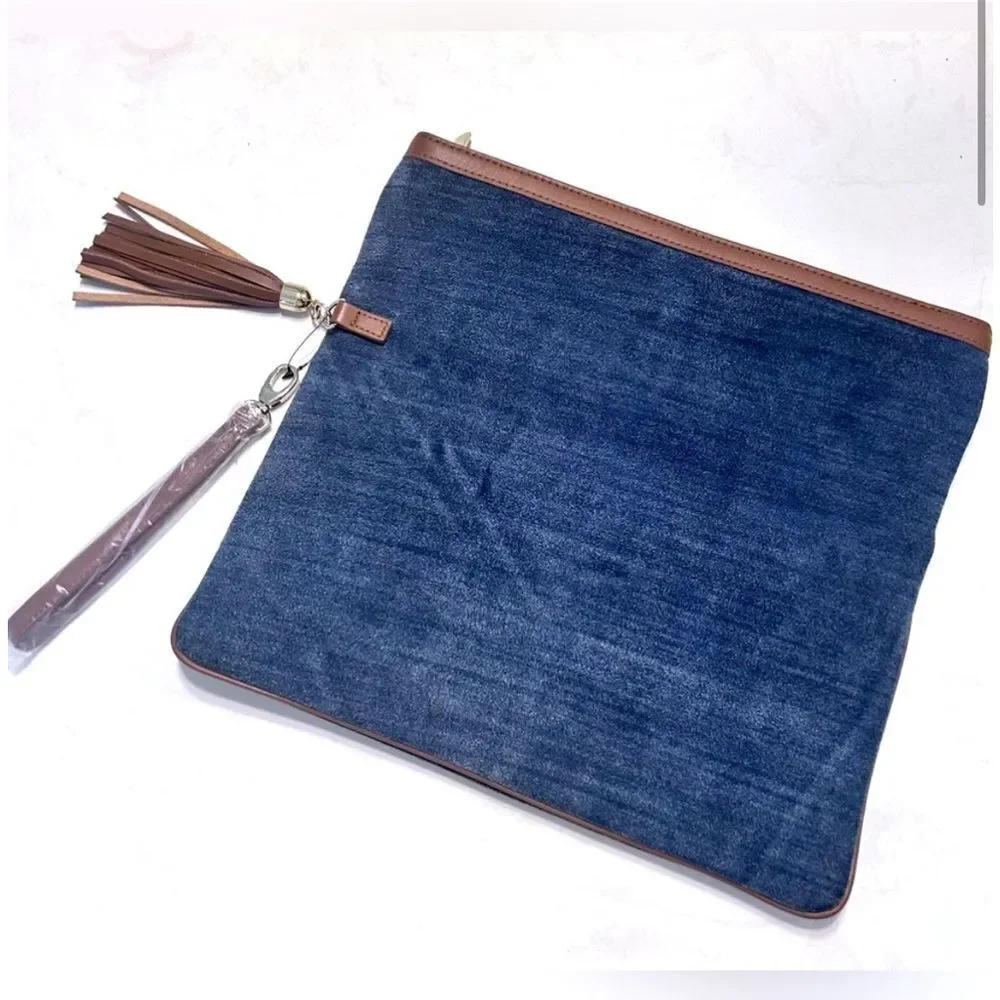 White House black market blue suede leather clutch with fringe add-on. Gorgeous. - Picture 2 of 7